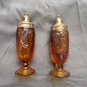 Vintage Tiara Sandwich Indiana Glass Footed Salt & Pepper Shakers Amber